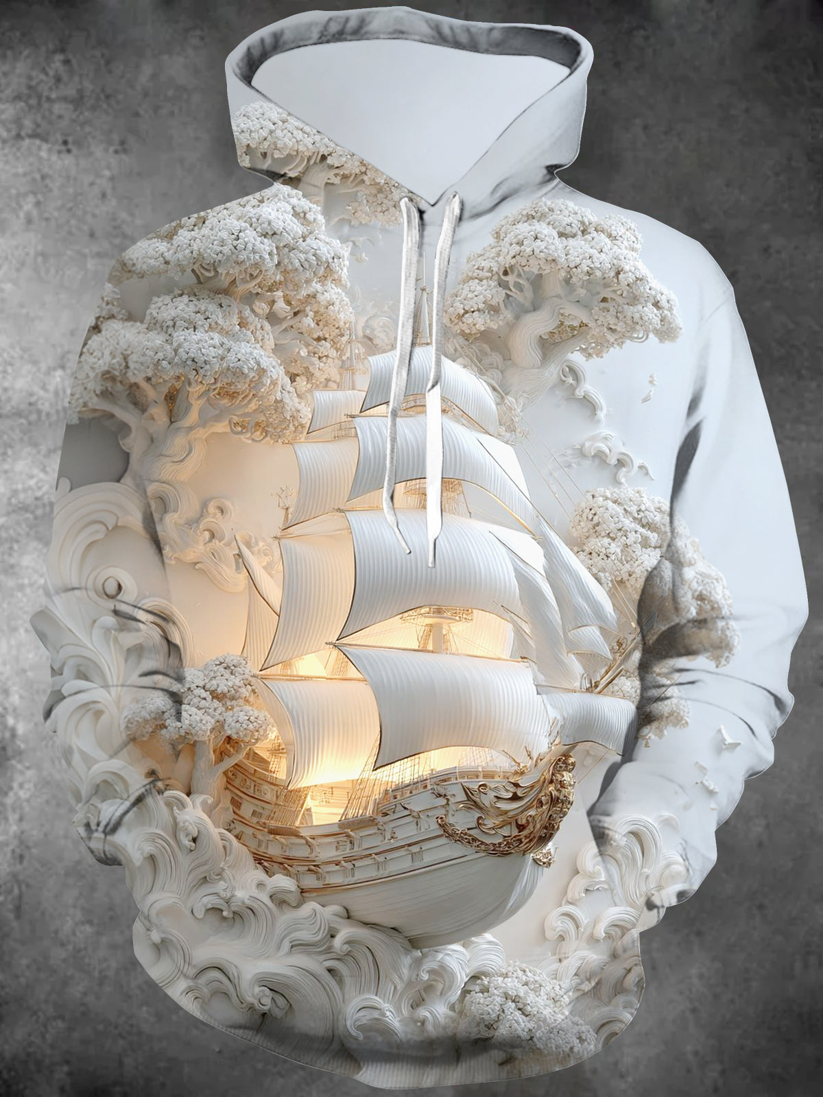 Adaychic Men's 3D Sailboat Ship Print Long Sleeve Hoodie with Chest Pocket