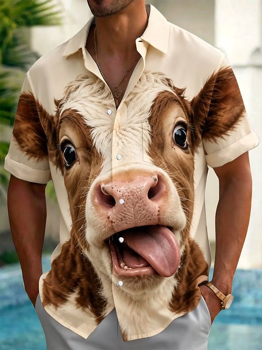Animal Cow Print Men's Pocket Short Sleeve Shirts