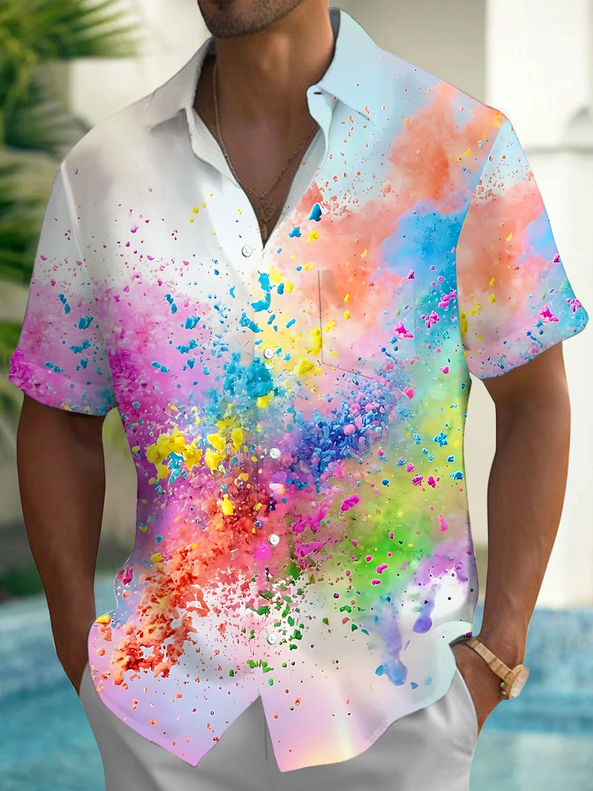Adaychic Men's Colorful Powder Splatter Print Short Sleeve Shirt with Chest Pocket