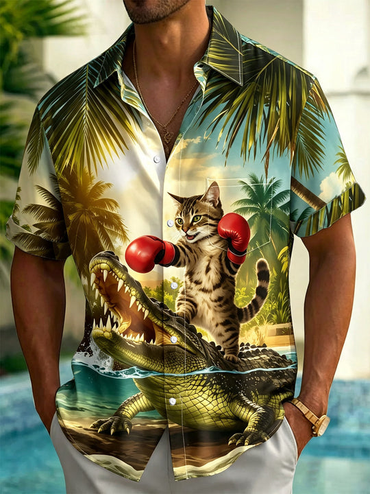 Hawaiian Cat Boxing Crocodile Palm Tree Print Men's Pocket Short Sleeve Shirts