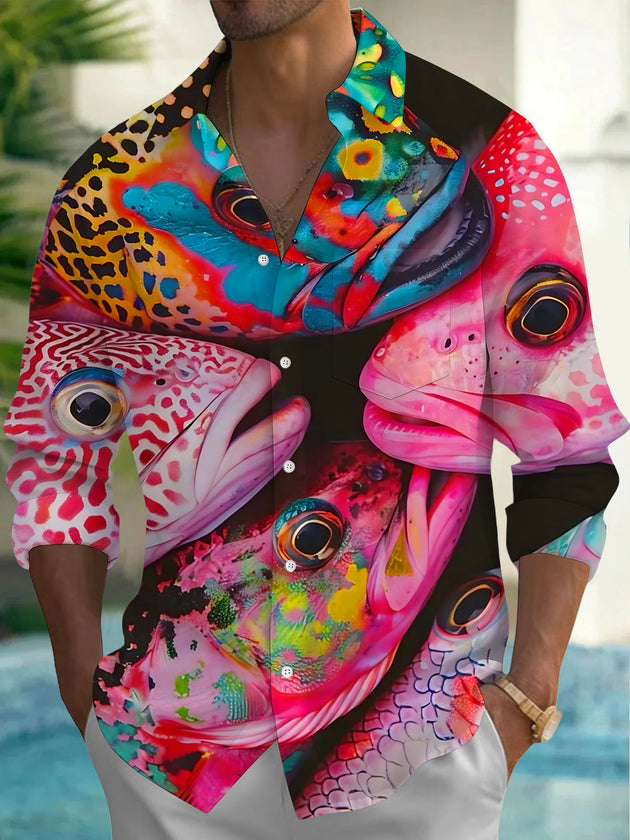 Colorful Marine Fish Print Men's Pocket Long Sleeve Shirts