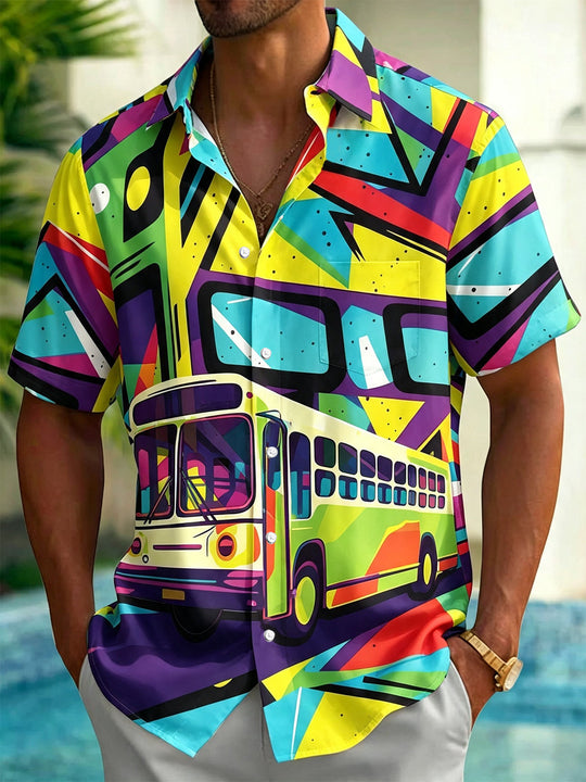 Colorful Vintage Geometric Bus Print Men's Pocket Short Sleeve Shirts