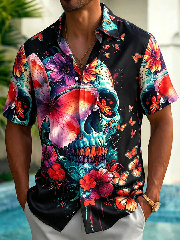 Skull Floral Butterfly Print Men's Pocket Short Sleeve Shirts
