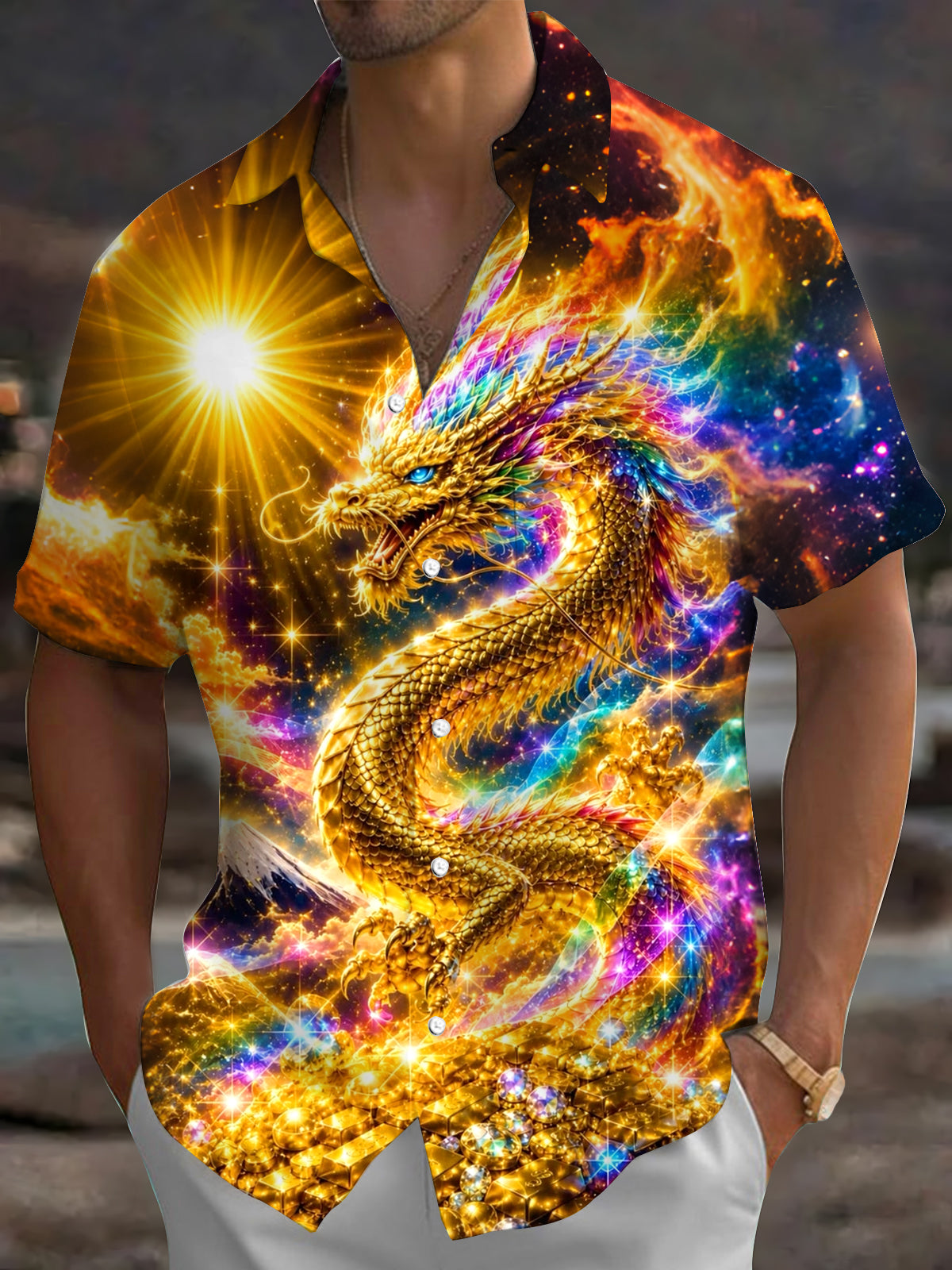 Adaychic Men's Hawaiian Golden Dragon Print Short Sleeve Shirt with Chest Pocket