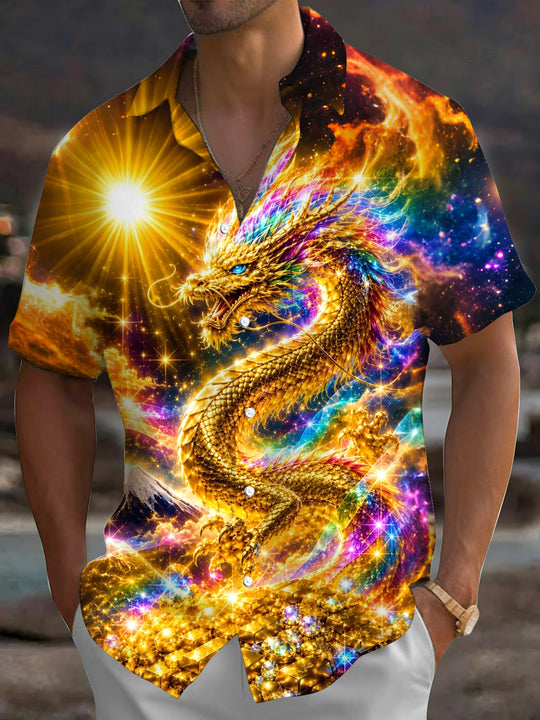 Golden Dragon Print Men's Pocket Short Sleeve Shirts