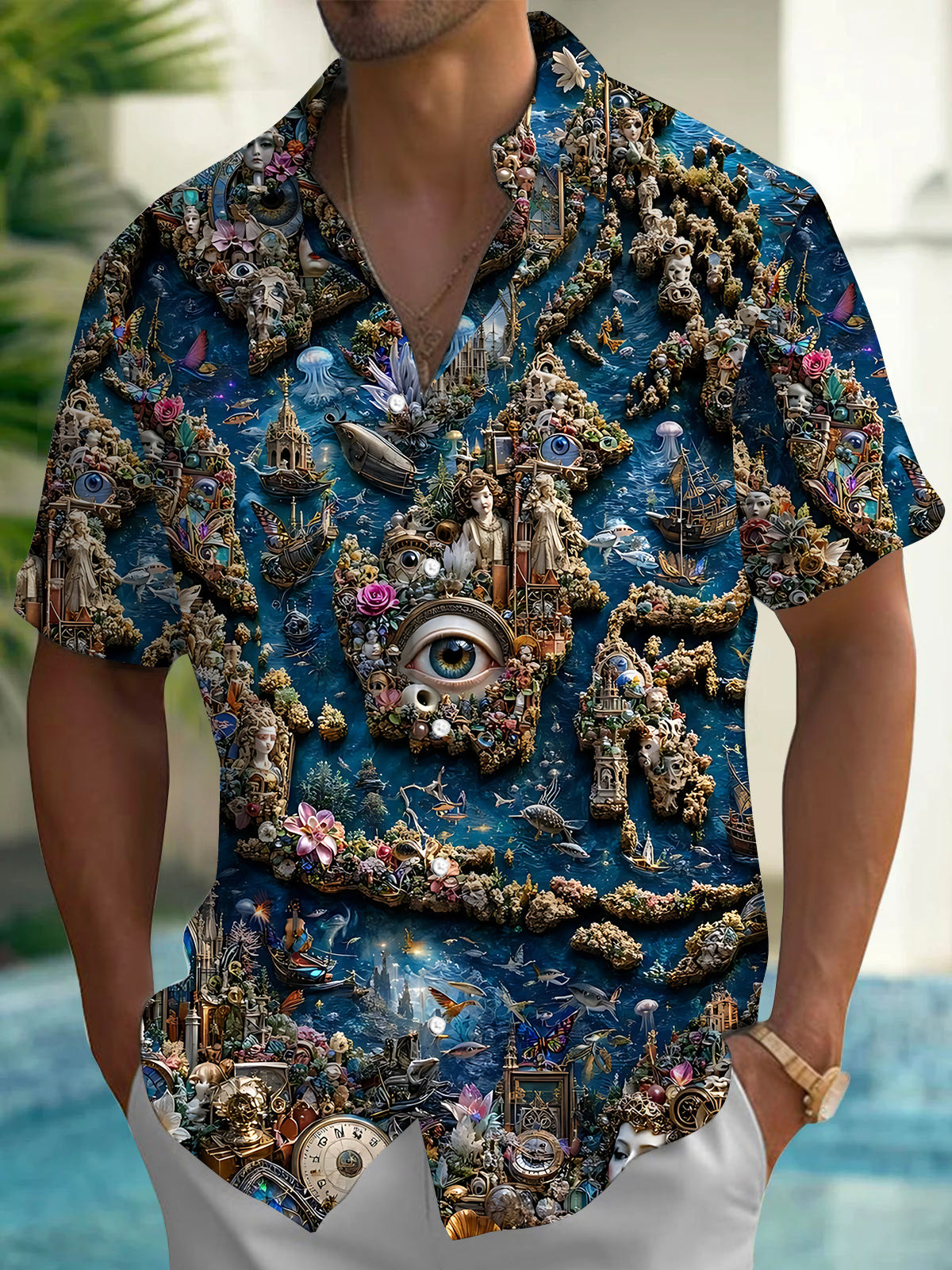 Adaychic Men's Hawaiian Surreal Ocean Collage Print Short Sleeve Shirt with Chest Pocket