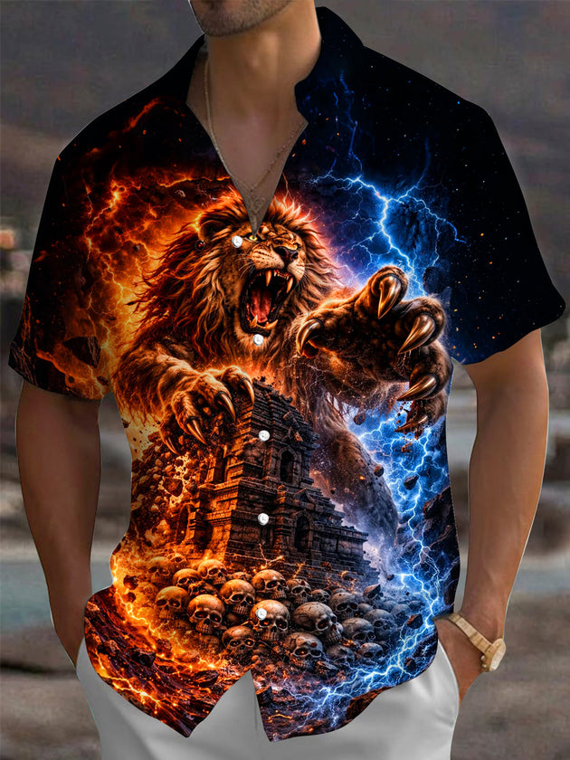 Dark Lion Skull Print Men's Pocket Short Sleeve Shirts