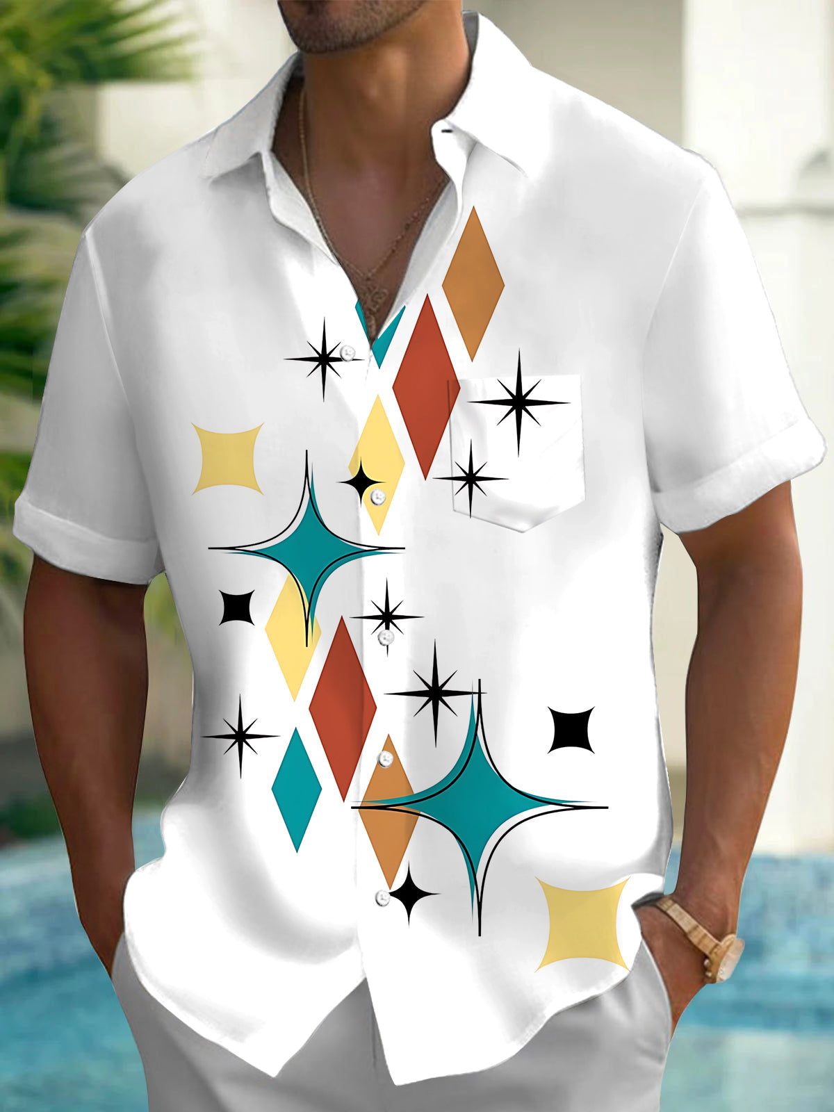 Adaychic Men's Retro Geometric Diamonds Print Short Sleeve Shirt with Chest Pocket