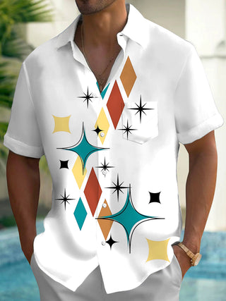 Adaychic Men's Retro Geometric Diamonds Print Short Sleeve Shirt with Chest Pocket