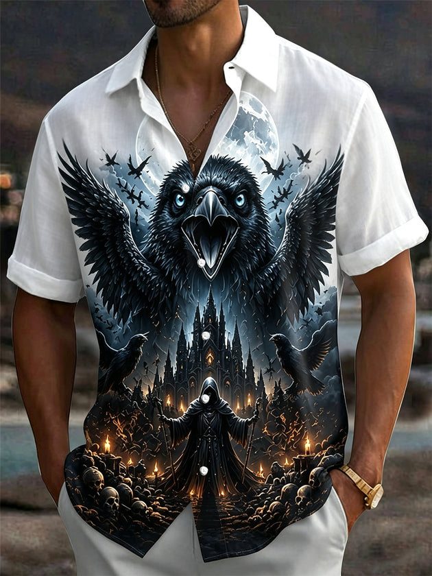 Dark Raven Skull Print Men's Pocket Short Sleeve Shirts