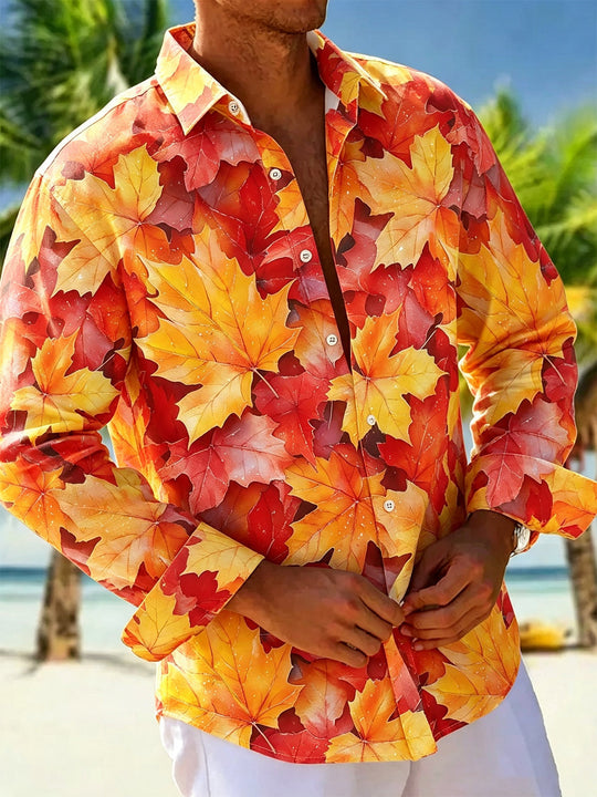 Adaychic Men's Printed Autumn Maple Leaves Print Long Sleeve Shirt with Chest Pocket