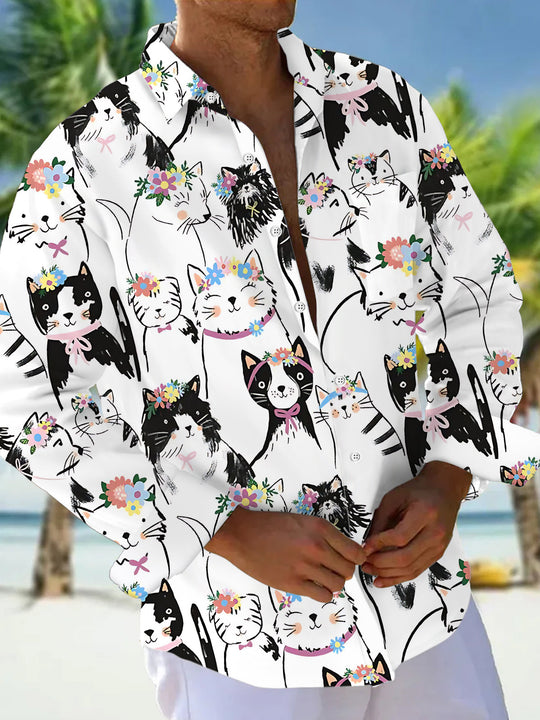 Adaychic Men's Graphic Cartoon Cat Faces Print Long Sleeve Shirt with Chest Pocket