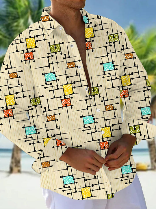 Adaychic Men's Colorful Geometric Grid Print Long Sleeve Shirt with Chest Pocket