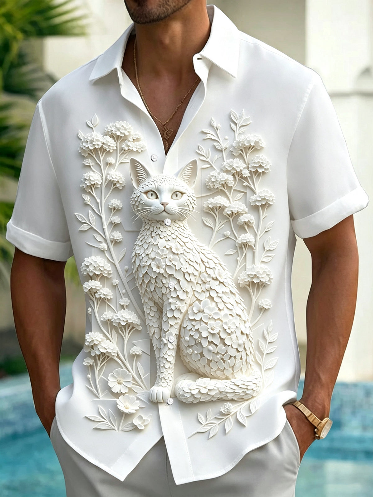 Adaychic Men's 3D 3D Cat Sculpture Print Short Sleeve Shirt with Chest Pocket