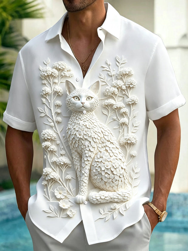 Cat Floral Print Men's Pocket Short Sleeve Shirts