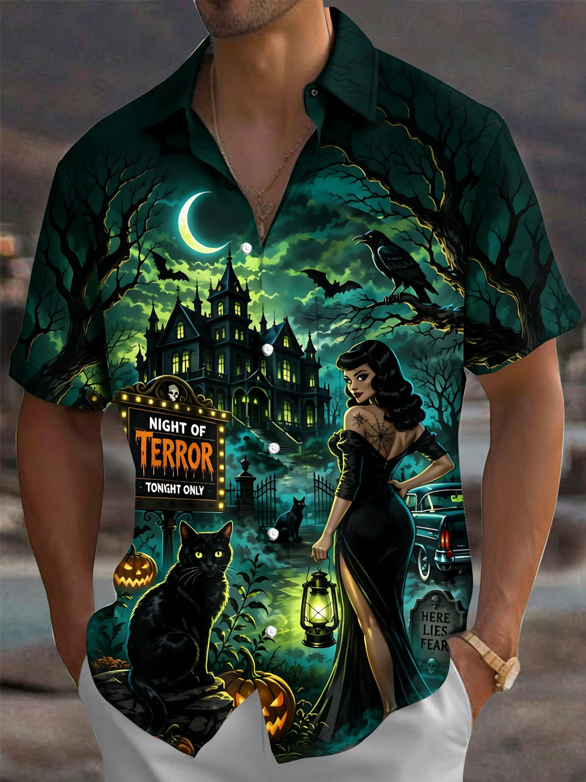 Vintage Dark Halloween Print Men's Pocket Short Sleeve Shirts