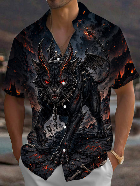 Dark Devil Black Cat Print Men's Pocket Short Sleeve Shirts