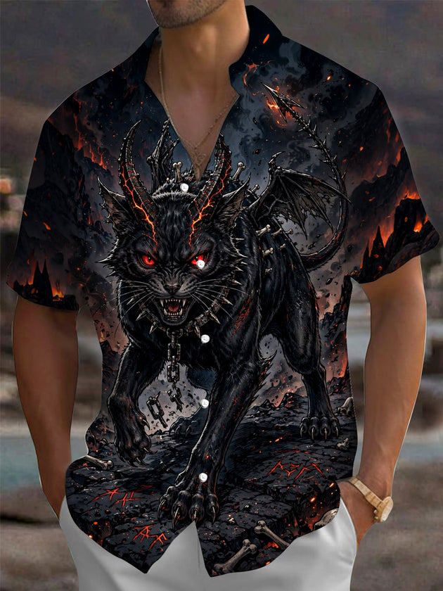 Dark Devil Black Cat Print Men's Pocket Short Sleeve Shirts