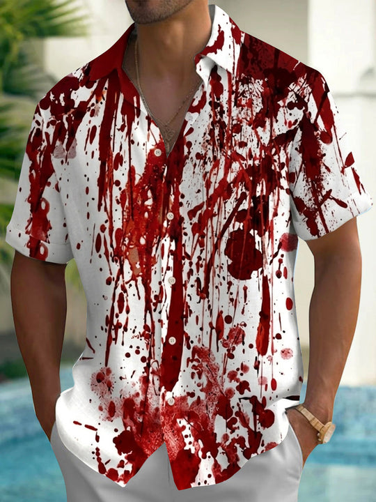 Adaychic Men's Graphic Blood Splatter Print Short Sleeve Shirt with Chest Pocket