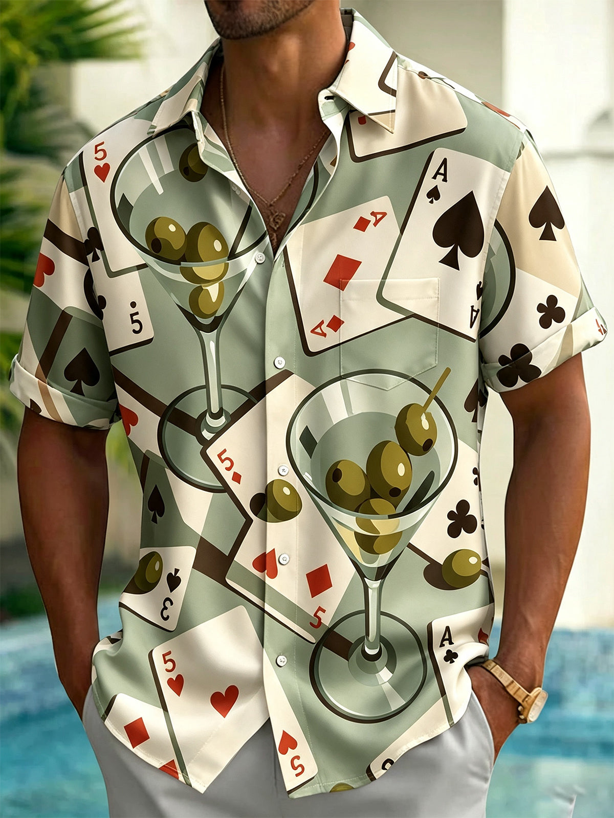 Adaychic Men's Hawaiian Playing Cards Print Short Sleeve Shirt with Chest Pocket