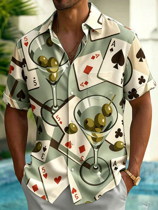 Adaychic Men's Hawaiian Playing Cards Print Short Sleeve Shirt with Chest Pocket
