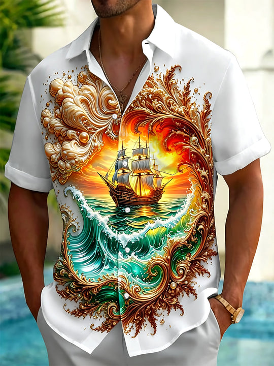 Adaychic Men's Hawaiian Sailing Ship Sunset Print Short Sleeve Shirt with Chest Pocket