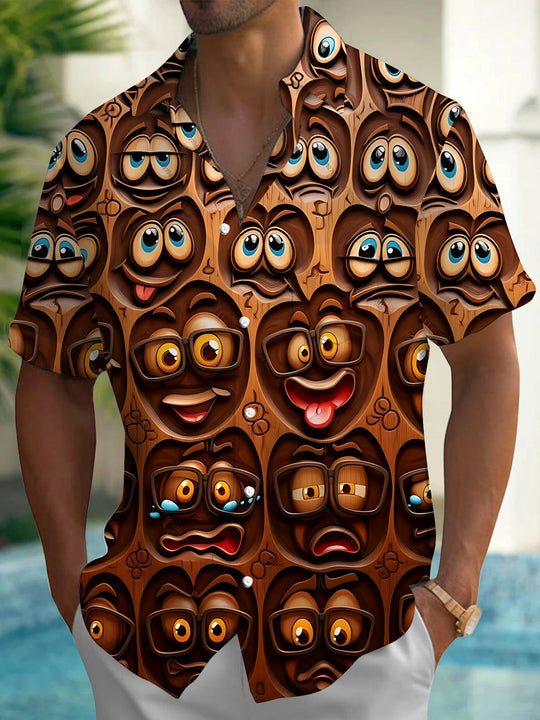 Adaychic Men's Hawaiian Poop Emoji Faces Print Short Sleeve Shirt with Chest Pocket