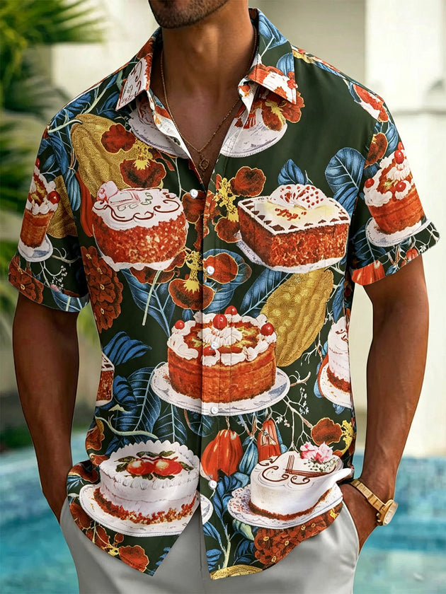 Vintage Cake Plant Print Men's Pocket Short Sleeve Shirts