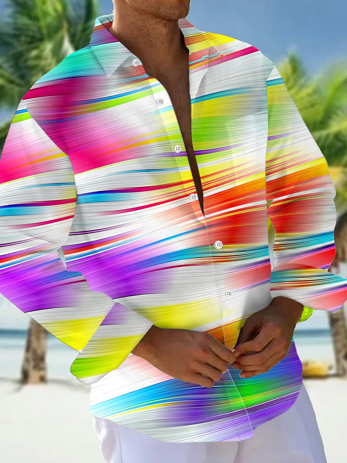 Adaychic Men's Colorful Abstract Stripes Print Long Sleeve Shirt with Chest Pocket