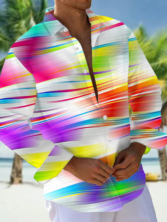 Adaychic Men's Colorful Abstract Stripes Print Long Sleeve Shirt with Chest Pocket