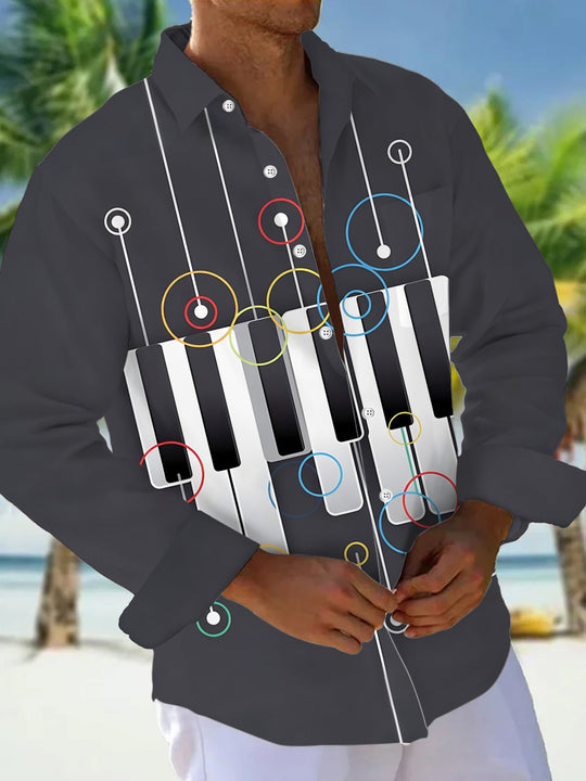 Adaychic Men's Graphic Piano Keys Print Long Sleeve Shirt with Chest Pocket