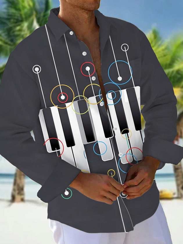 Musical Piano Geometric Print Men's Pocket Long Sleeve Shirts