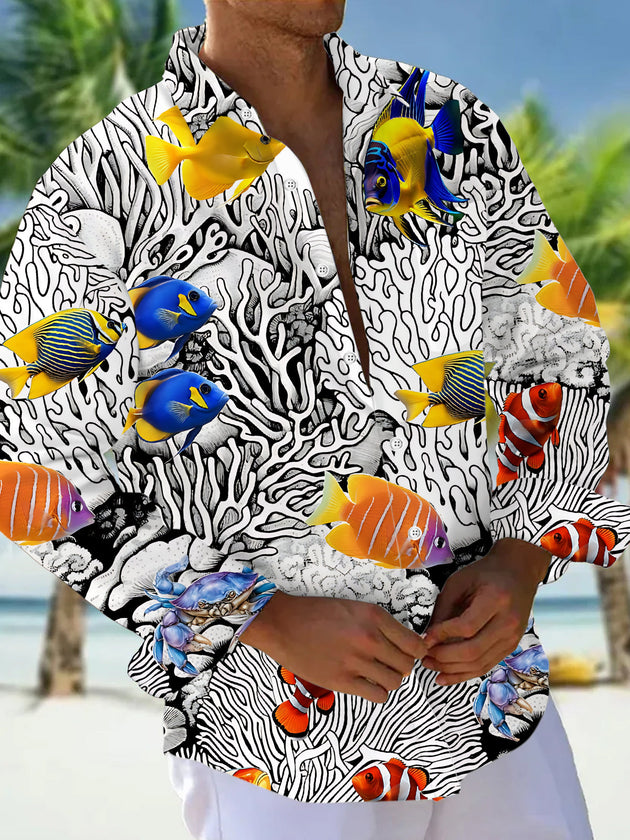 Ocean Tropical Fish Coral Print Men's Pocket Long Sleeve Shirts