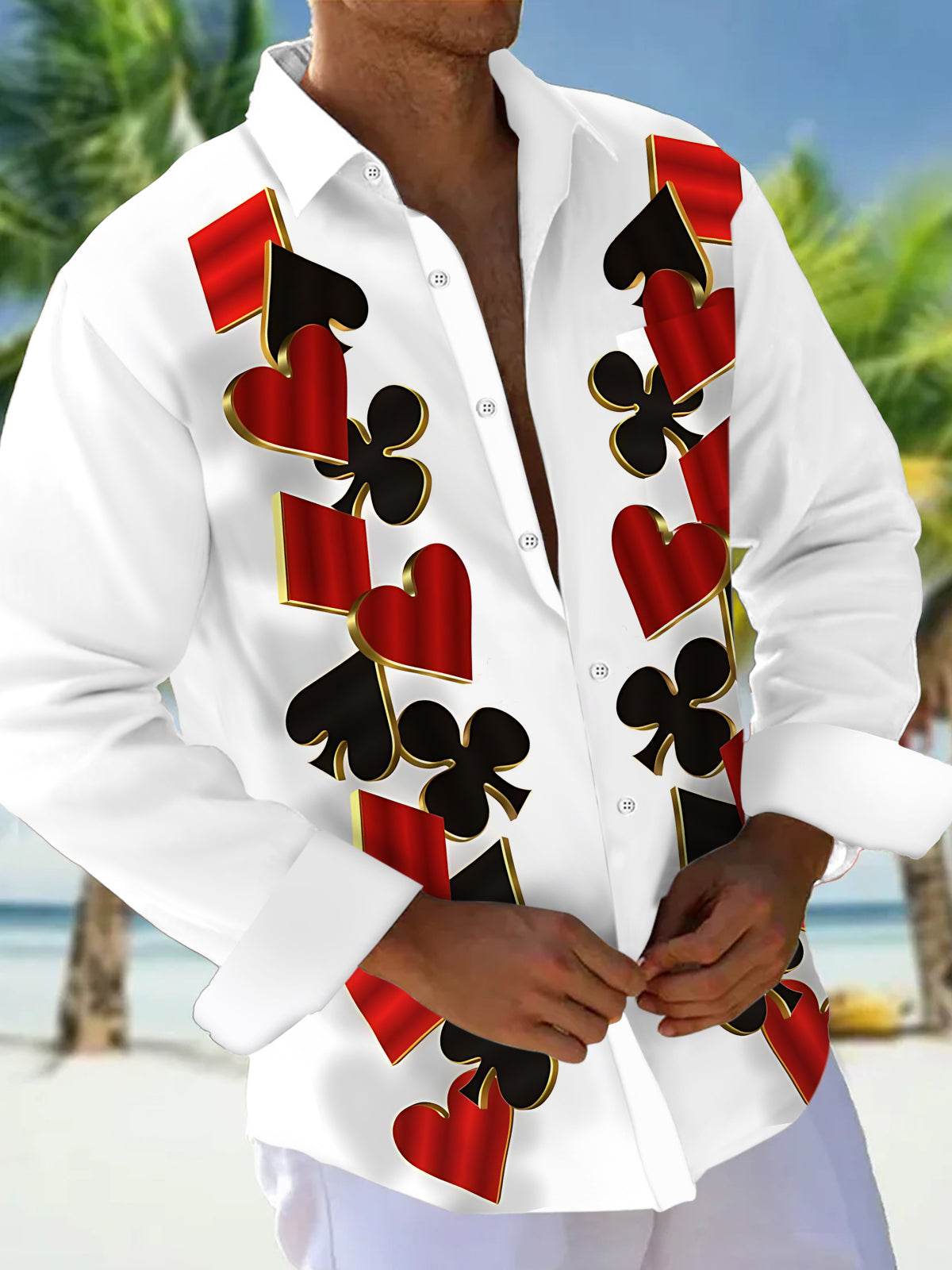 Adaychic Men's Graphic Playing Card Suits Print Long Sleeve Shirt with Chest Pocket