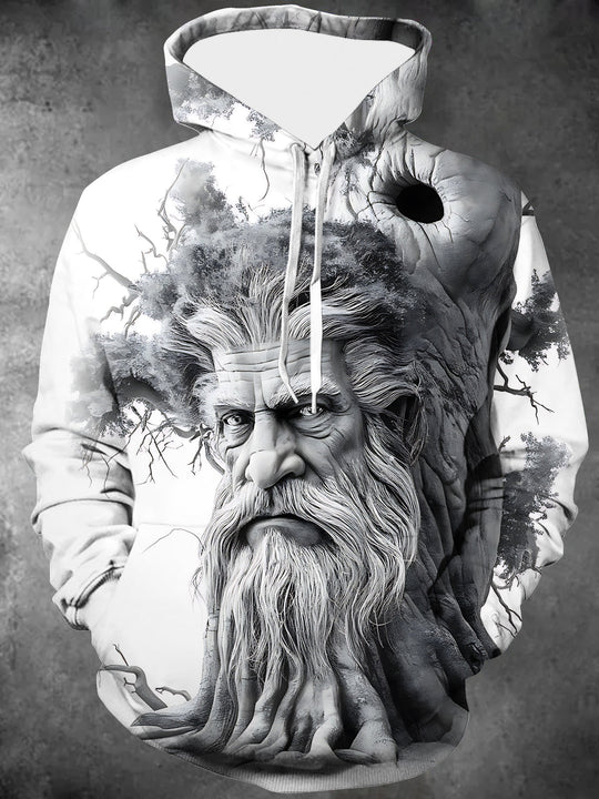Adaychic Men's Graphic Old Man Face Tree Print Long Sleeve Hoodie with Chest Pocket