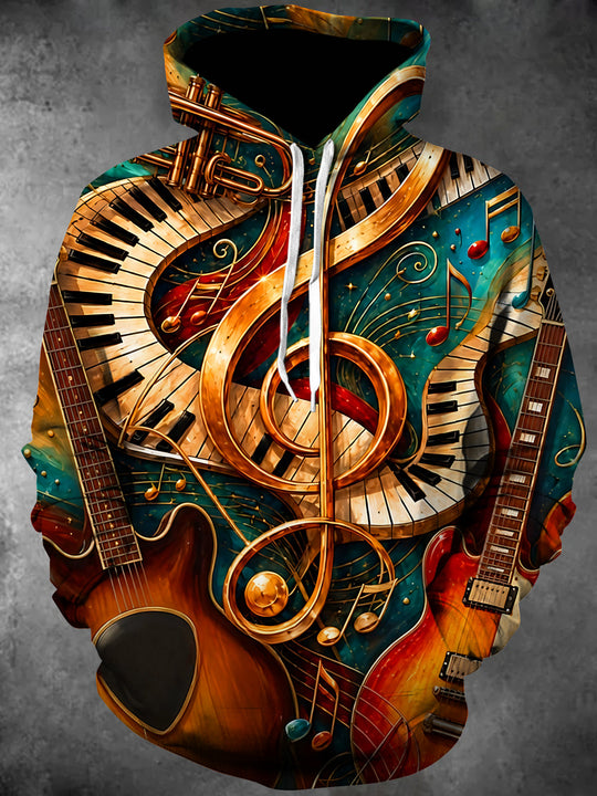 Adaychic Men's Musical Instruments Collage Print Long Sleeve Hoodie with Chest Pocket