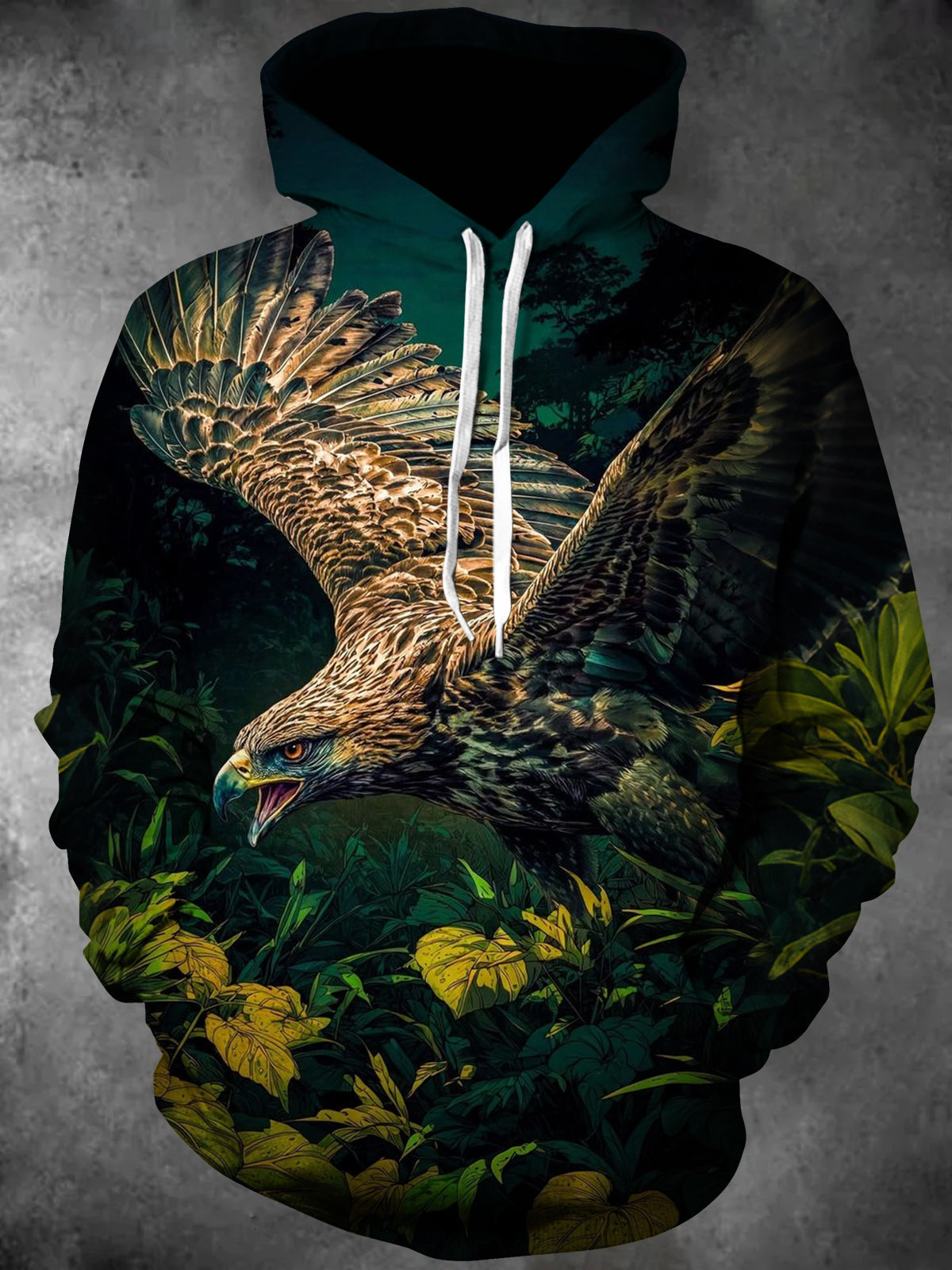 Adaychic Men's Printed Eagle In Jungle Print Long Sleeve Hoodie with Chest Pocket