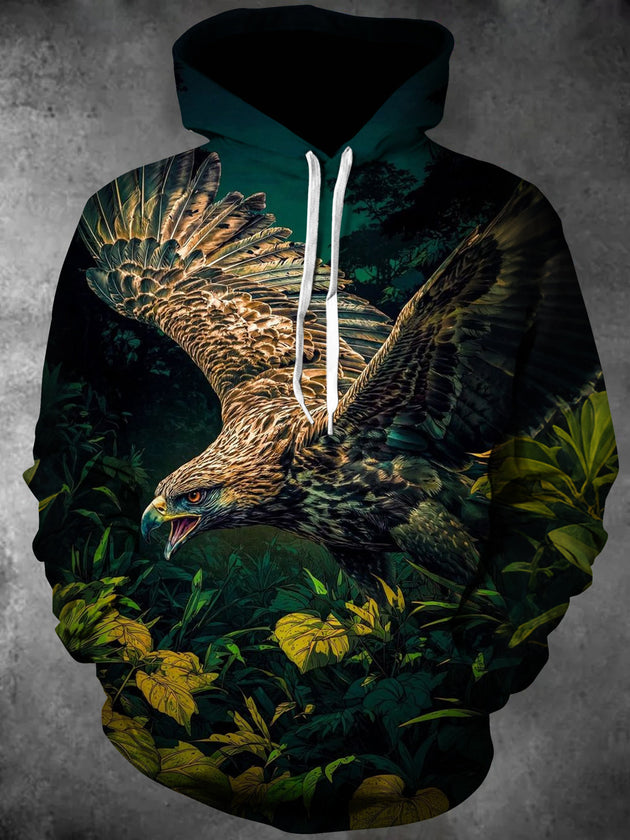 Adaychic Men's Printed Eagle In Jungle Print Long Sleeve Hoodie with Chest Pocket