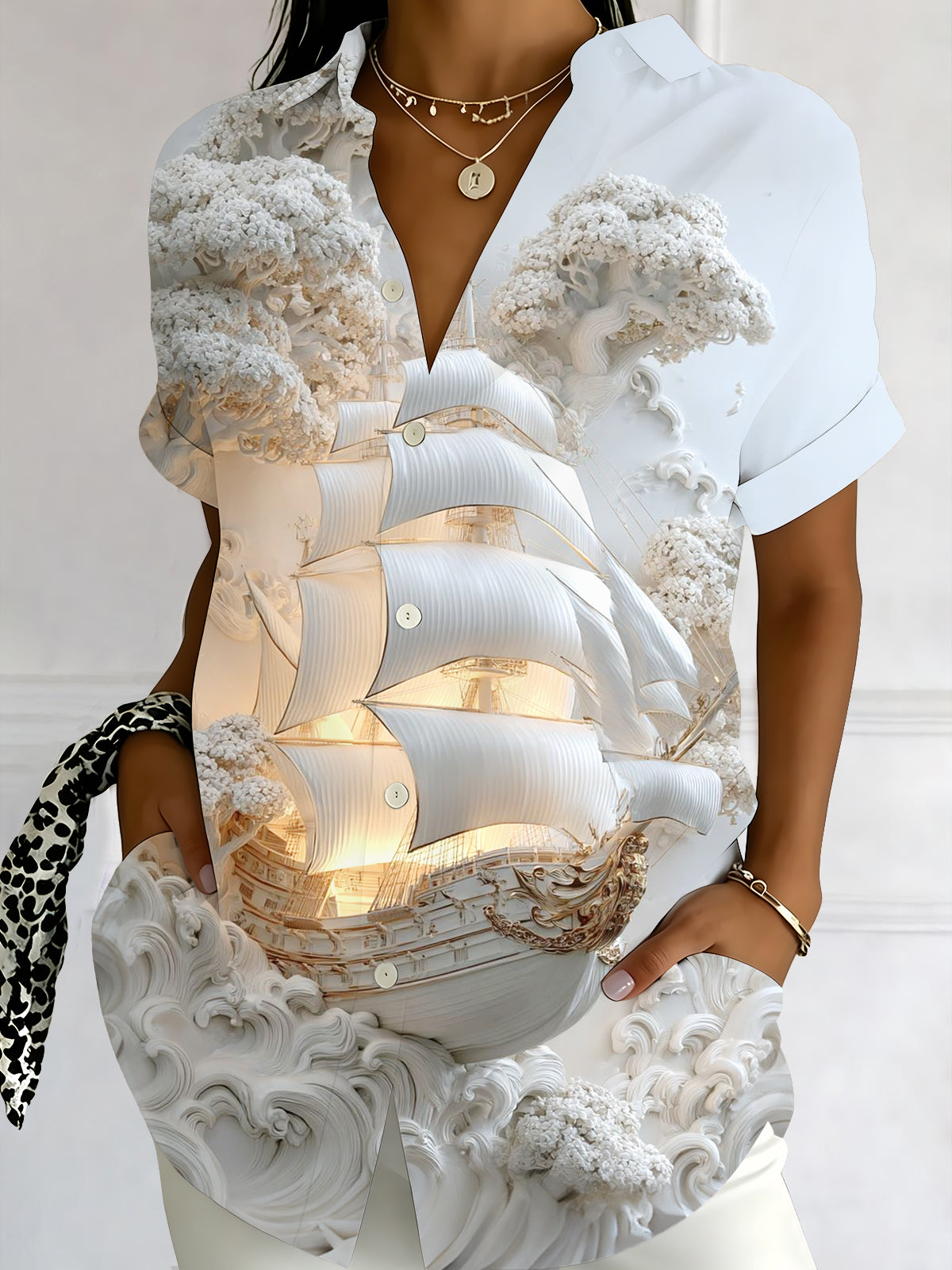 Adaychic Women's 3D Sailing Ship Print Short Sleeve Shirt