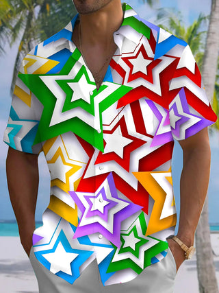 Colorful Geometric Star Print Men's Pocket Short Sleeve Shirts