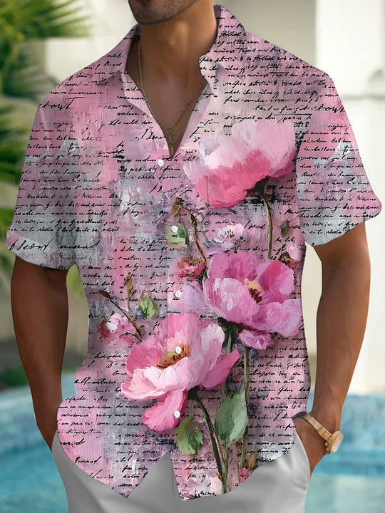 Vintage Floral Letter Print Men's Pocket Short Sleeve Shirts