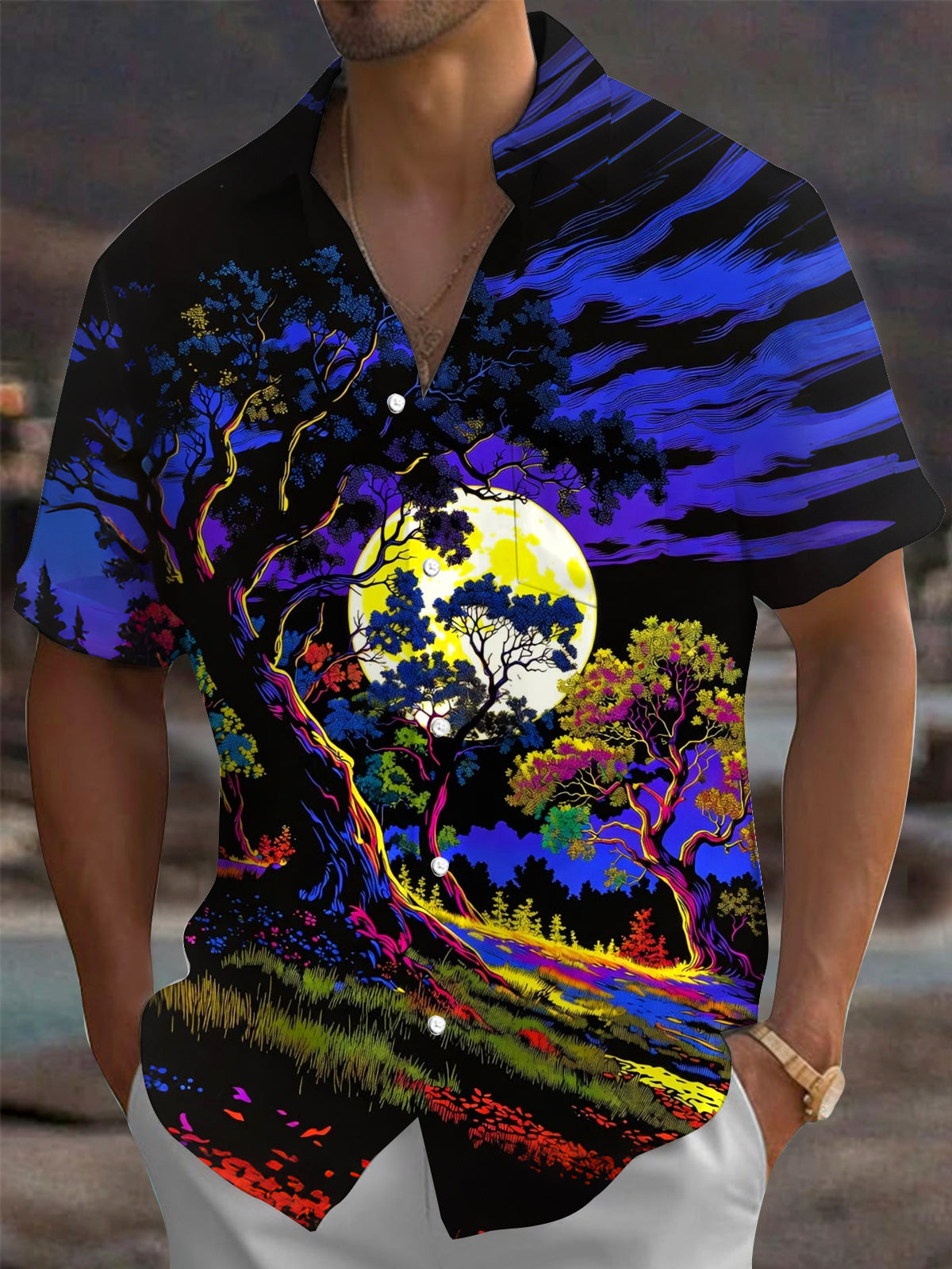 Neon Tree Moon Night Sky Print Men's Pocket Short Sleeve Shirts