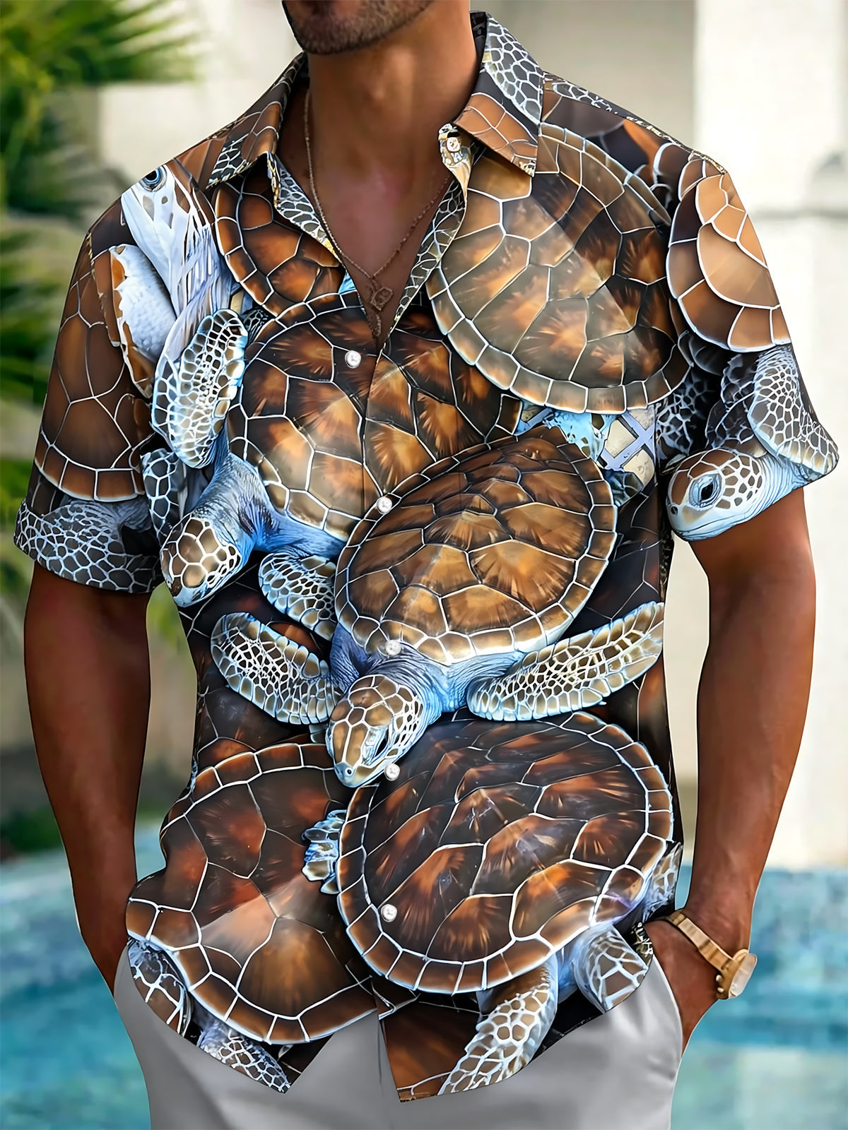 Turtle Print Men's Pocket Short Sleeve Shirts