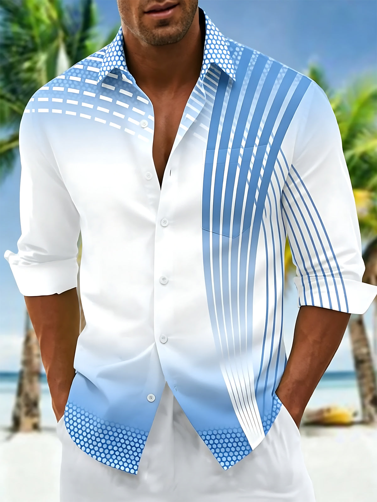 Geometric Gradient Print Men's Pocket Long Sleeve Shirts