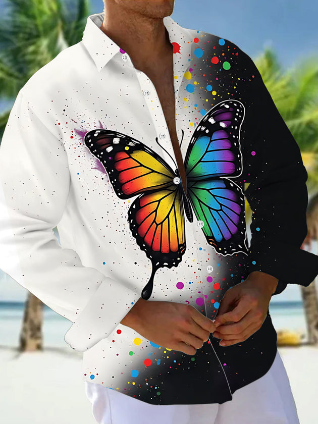 Colorful Butterfly Gradient Print Men's Pocket Long Sleeve Shirts