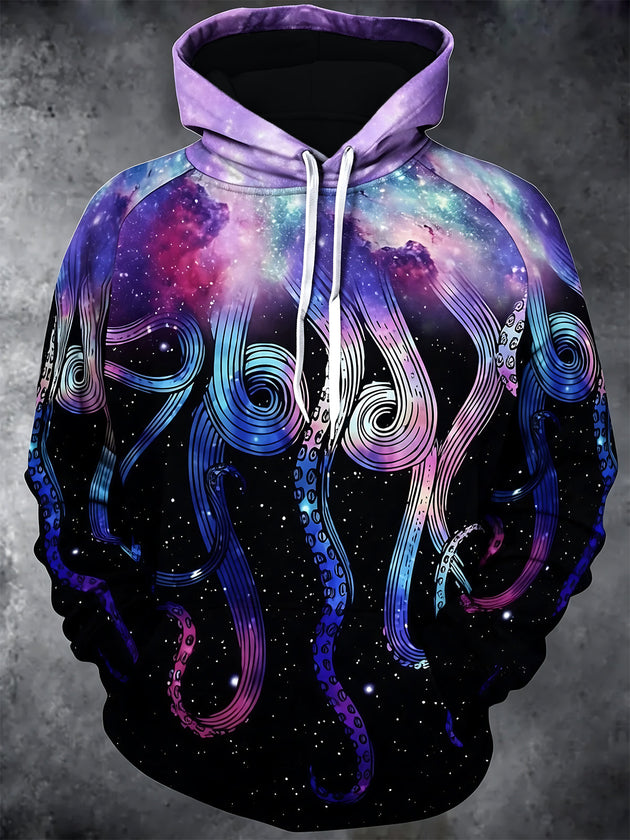 Starry Sky Octopus Print Men's Long Sleeve Pocket Hooded Sweatshirt