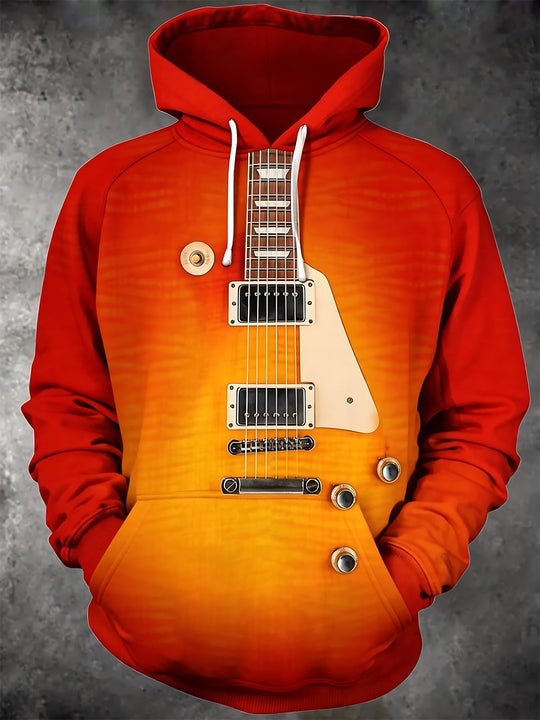 Guitar Print Men's Long Sleeve Pocket Hooded Sweatshirt