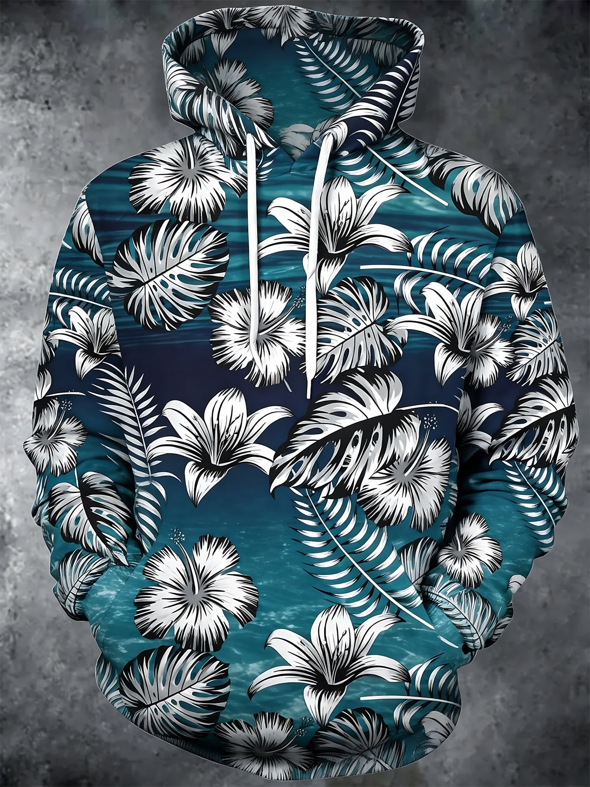 Plant Floral Print Men's Long Sleeve Pocket Hooded Sweatshirt