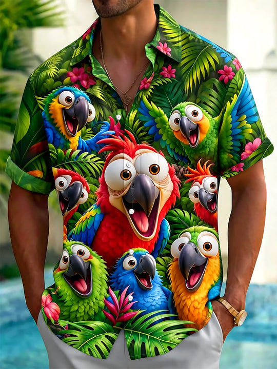 Tropical Parrot Plant Print Men's Pocket Short Sleeve Shirts