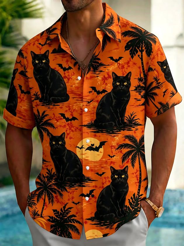 Halloween Black Cat Bat Print Men's Pocket Short Sleeve Shirts